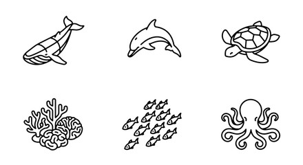 Obraz premium Oceanic Icons Set: Whale, Dolphin, Turtle, Octopus, Fish School, Coral Reef Graphics