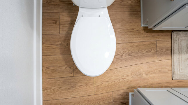 Modern bathroom toilet top view | Luxury vinyl plank flooring in bathroom | Minimalist white toilet seat design | Contemporary bathroom interior design