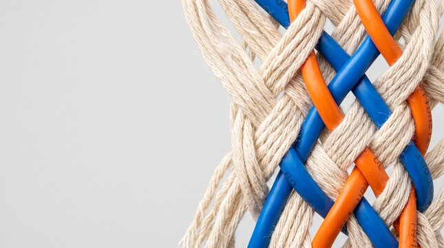 Natural cotton bookbinding thread intertwined with blue and orange ethernet cables, EdTech digital transformation hybrid online education and network concept with copy space