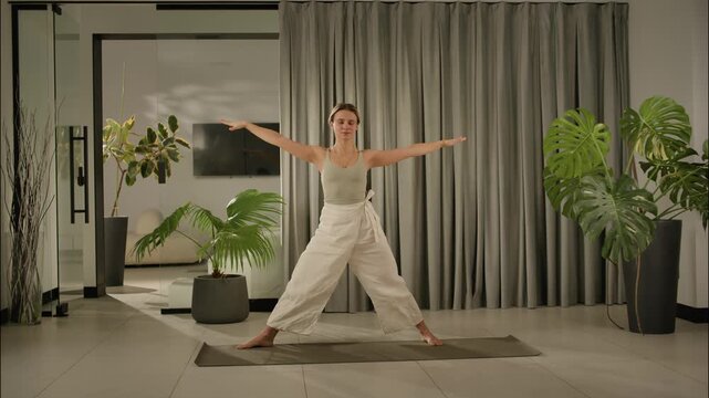 female yoga practitioner performing downward dog in linen set with plants and curtains in side view.