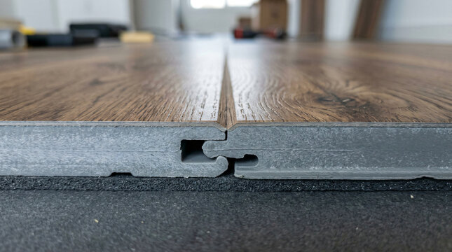 Luxury vinyl plank flooring installation | SPC flooring click lock system cross section | Waterproof laminate floor planks macro view | Home renovation flooring installation details