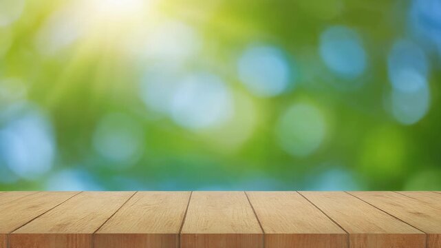 Empty wooden table surface with blurred green nature background, for product, display desk