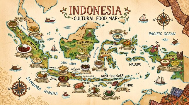 Indonesia Cultural Food Map Vector Illustration - Vintage Map Design Displaying Traditional Regional Dishes and Island Geography