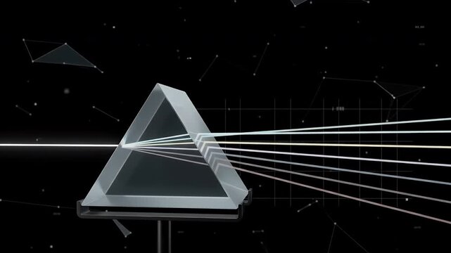 A triangular prism refracts a beam of white light into a spectrum of colors, illustrating the principle of light dispersion against a dark, abstract background with geometric patterns.