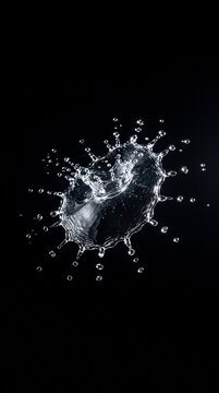 Side illuminated transparent water drop exploding upward against dark backdrop