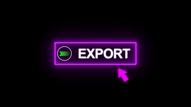 Neon Purple Glowing Export Button with Mouse Cursor Click Animation 4K Loop on Black Background