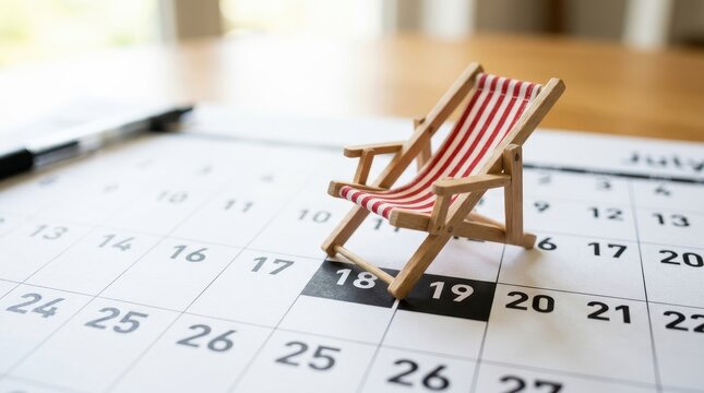 Miniature Beach Chair on Calendar Page Planning Summer Vacation and Holiday Trip Concept