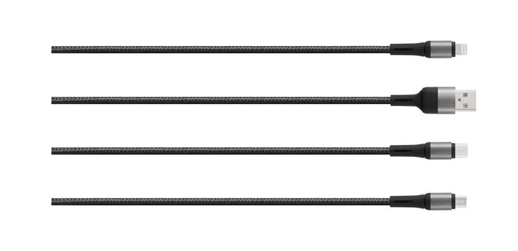Black braided USB charging cables set with lightning, usb a, type c, and micro usb plugs isolated on white background. Mobile device connectivity accessory asset for tech banner and store catalog