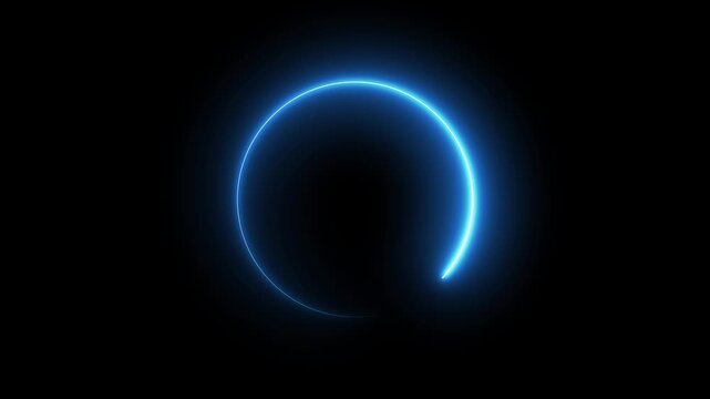 Glowing blue neon circular loading animation ring on black background, circle progress buffer wait interface.