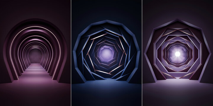 Dark geometric tunnels with glowing light and octagonal patterns in three panels