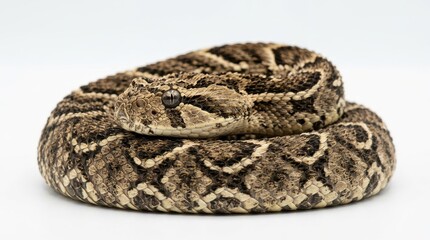 Obraz premium Close-up of a coiled Puff Adder snake (Bitis arietans) with detailed scale patterns isolated on a white background