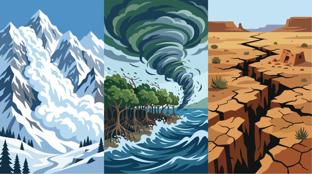 Diverse natural disasters showing powerful avalanche tornado and massive desert earthquake depicted in detailed vector illustration