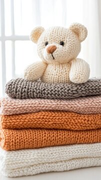 A charming knitted teddy bear perched atop a stack of soft, pastel blankets on a serene white table by the window in a cozy room