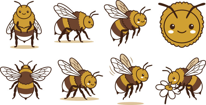 Bee character set and honeybee illustration for kids, school projects and nature education. Bumblebee, insect and sticker design with flowers, flying pollinator and cute bumble bee mascot graphics pa
