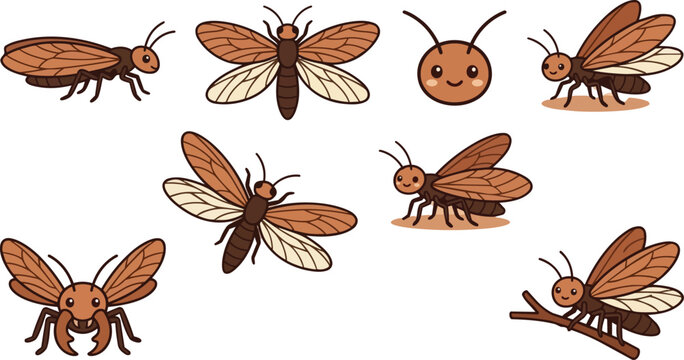 Termite flying insect and pest control collection for home maintenance, wood protection and swarm prevention. Wood-boring bug, household pests and termite infestation icons for repair business set