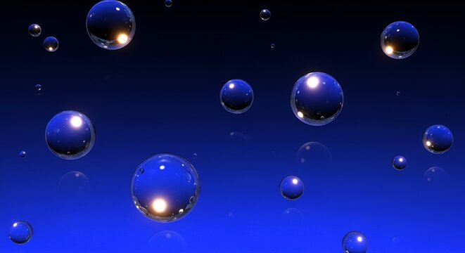 Abstract Blue Bubbles Floating in a Dark Blue Background with Light Reflections.