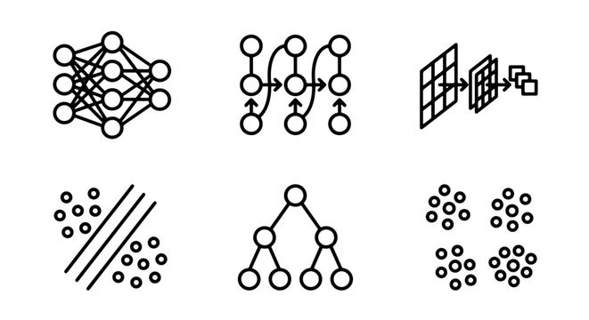 Machine Learning Algorithms Icons, Neural Network, SVM, Decision Tree, Clustering, AI Concepts