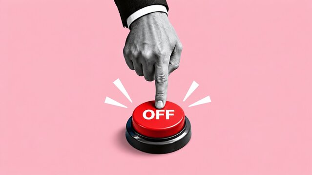 A hand pressing a large red off button on a pink background symbolizing power control shutdown and decision making in modern business