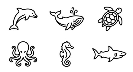 Obraz premium Ocean Life Icons: Dolphin, Whale, Turtle, Octopus, Seahorse, Shark Vector Set