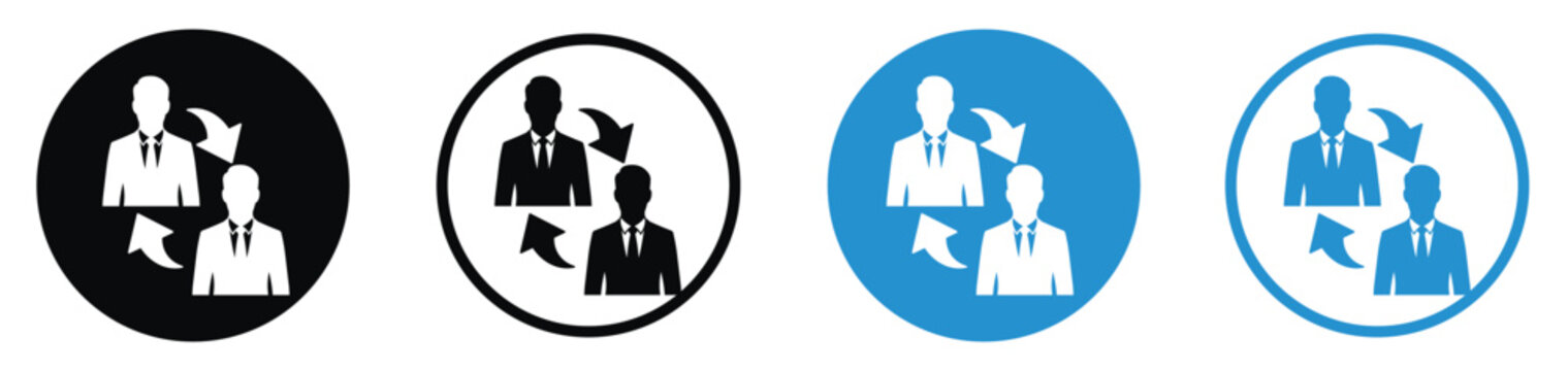 Two businessmen with exchange arrows vector icon set. Simple silhouette flat art for employee turnover, replacement, teamwork, communication, or knowledge transfer concept.