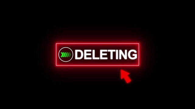 Neon Red Glowing Deleting Button with Mouse Cursor Click Animation 4K Loop on Black Background