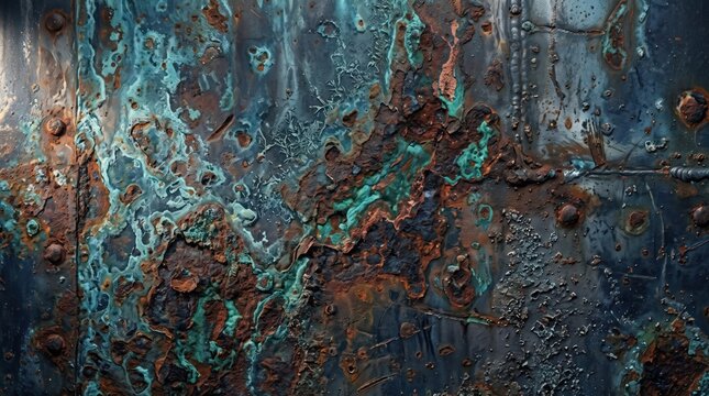 Detailed texture of a heavily corroded metal surface with vibrant oxidized copper green patina, rust flakes, and dark blue iron undertones