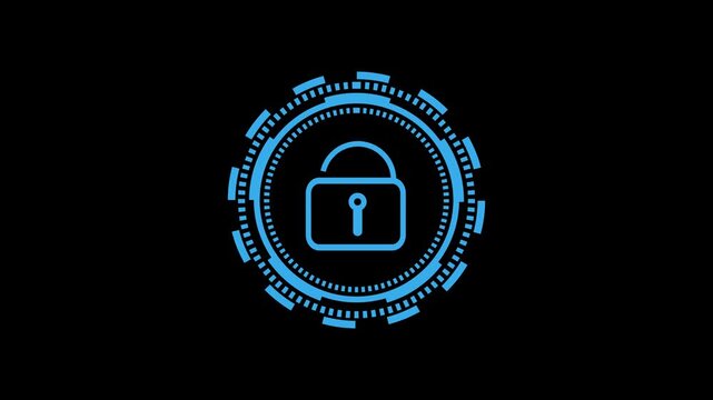 Blue digital padlock security icon with circular futuristic interface, cyber security protection concept, encrypted access, privacy, authentication and technology motion graphic.