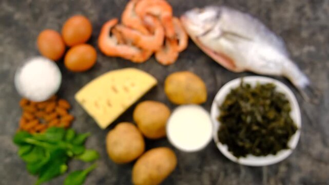 Foods that contain iodine. Selective focus.