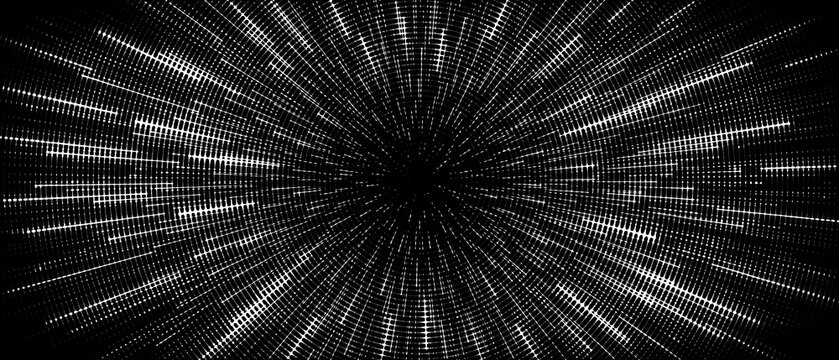 Abstract digital background featuring radiant white particles exploding from a central dark void abstract particles explosion monochrome background technology vibration