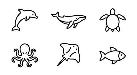 Oceanic Icons Set: Dolphin, Whale, Turtle, Octopus, Ray, Fish Vector Graphics © Rakib