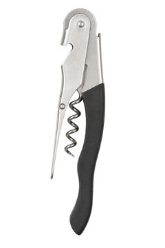 Sleek silver and black waiter's corkscrew with a visible spiral worm and foil cutter, presented vertically on a clean white background