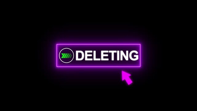 Neon Purple Glowing Deleting Button with Mouse Cursor Click Animation 4K Loop on Black Background