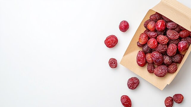 Delicious dried plums spilling from a craft paper bag on a clean white surface, perfect for healthy snacking or culinary creations