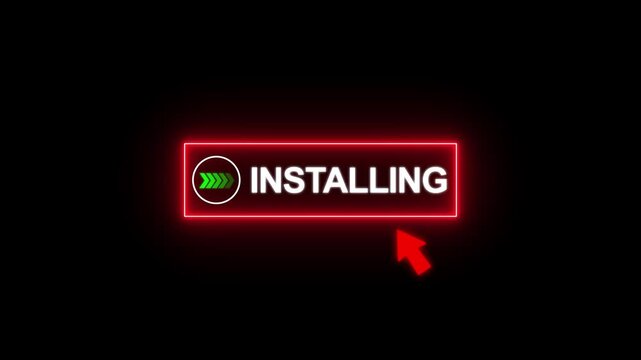 Neon Red Glowing Installing Button with Mouse Cursor Click Animation 4K Loop on Black Background