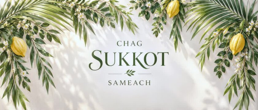 Sukkot chag sameach inscription with etrog fruit, lulav palm leaves citrus blossoms