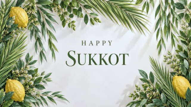 Happy Sukkot greeting card template with lush border frame of palm fronds, Hadassah myrtle sprigs and yellow etrog citrons on light background