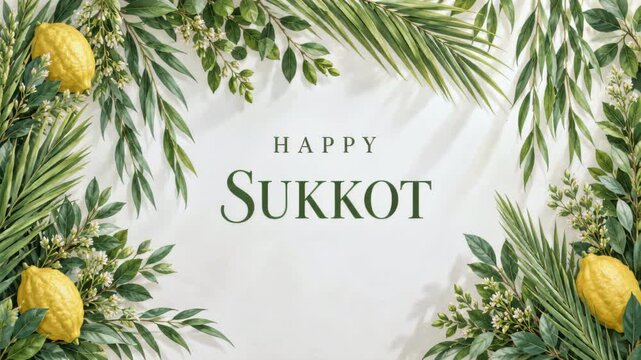 Sukkot holiday greeting framed with etrog fruit, palm fronds, green foliage, white blossoms, festive jewish harvest celebration on a soft white background
