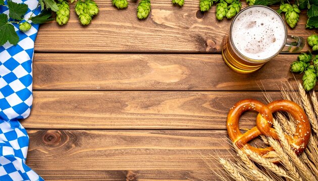 Oktoberfest Hintergrund aus der Draufsicht, Bierglas, Laugenbrezel, Hopfen, Getreide&auml;hren, blau wei&szlig;es Rautenmuster, rustikaler Holztisch, Copyspace