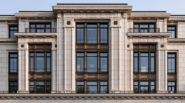 Elegant beige stone classic building facade with large window frames