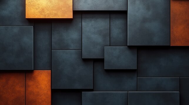 A striking wall art features interlocking shapes in bold orange and deep black tones