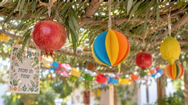 Handmade decorations hanging inside traditional sukkah booth with green schach roof, pomegranates, paper crafts, and Hebrew greeting card