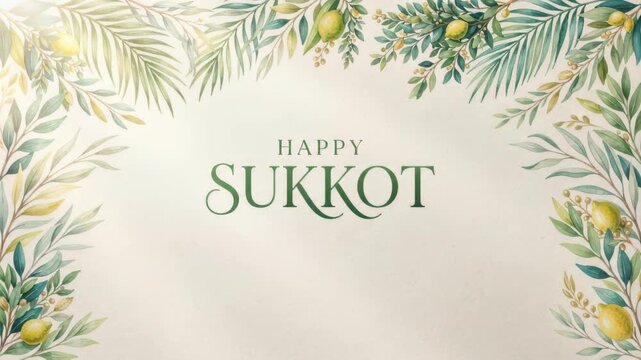 Happy sukkot botanical greeting on cream background, delicate palm foliage framing centered holiday typography, minimal jewish harvest festival card with seasonal copy area