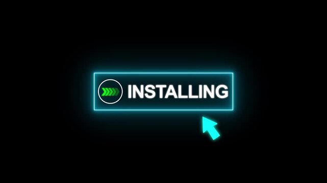 Neon Cyan Glowing Installing Button with Mouse Cursor Click Animation 4K Loop on Black Background
