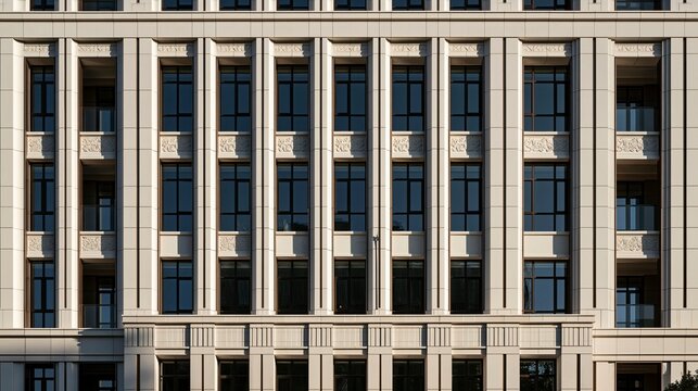 Detailed facade of classic architecture building with symmetrical window design