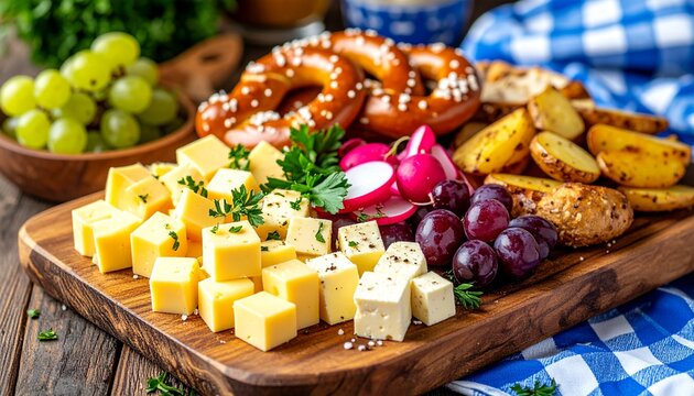 Oktoberfest-K&auml;seplatte &ndash; K&auml;sew&uuml;rfel, Laugenbrezeln, Weintrauben, Radieschen, Kartoffelecken, Petersilie, Holzbrett