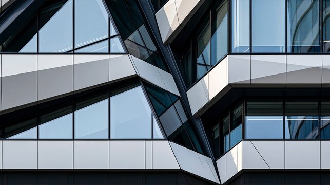 Abstract geometric modern building facade with reflective glass and metal panels