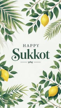 Tall happy sukkot greeting with etrog botanical border, green palm leaves plus yellow citrons framing holiday text, jewish harvest festival card for seasonal wishes