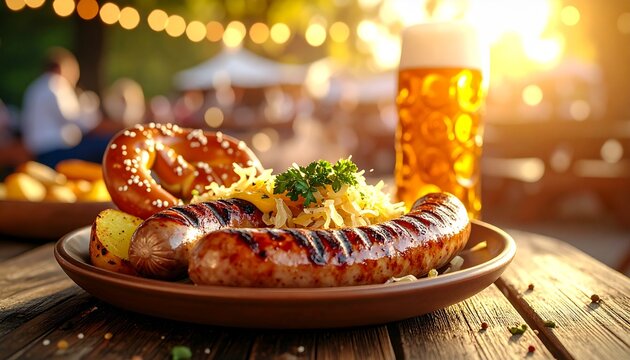 Oktoberfest-Bratwurst &ndash; gegrillte Bratw&uuml;rste, Laugenbrezel, Sauerkraut, Bierglas, Biergarten, Lichterketten