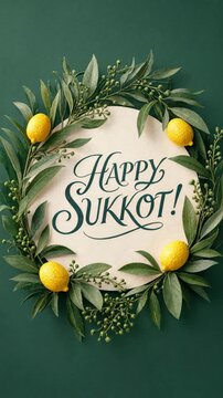Happy sukkot calligraphy inside citron foliage wreath, yellow etrogs plus delicate branches on deep green background