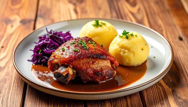 Bayerische Schweinshaxe &ndash; Kartoffelkn&ouml;del, Rotkohl, Bratenso&szlig;e, Petersilie, Oktoberfestgericht, rustikaler Holztisch